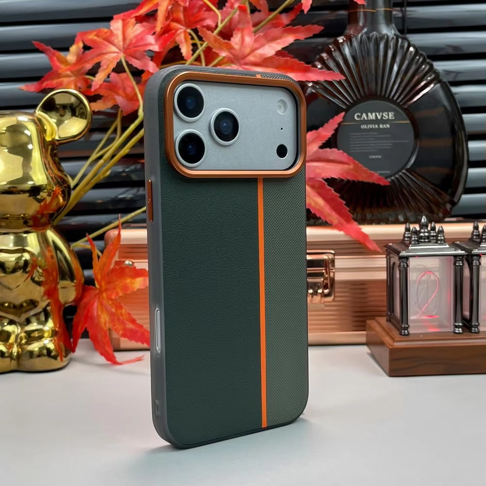 Luxury iPhone Case — Frosted PU Leather Texture MagSafe Armor Cover with Alloy Lens Protection, Matte Anti-Fingerprint Finish and Shockproof TPU Edge Design