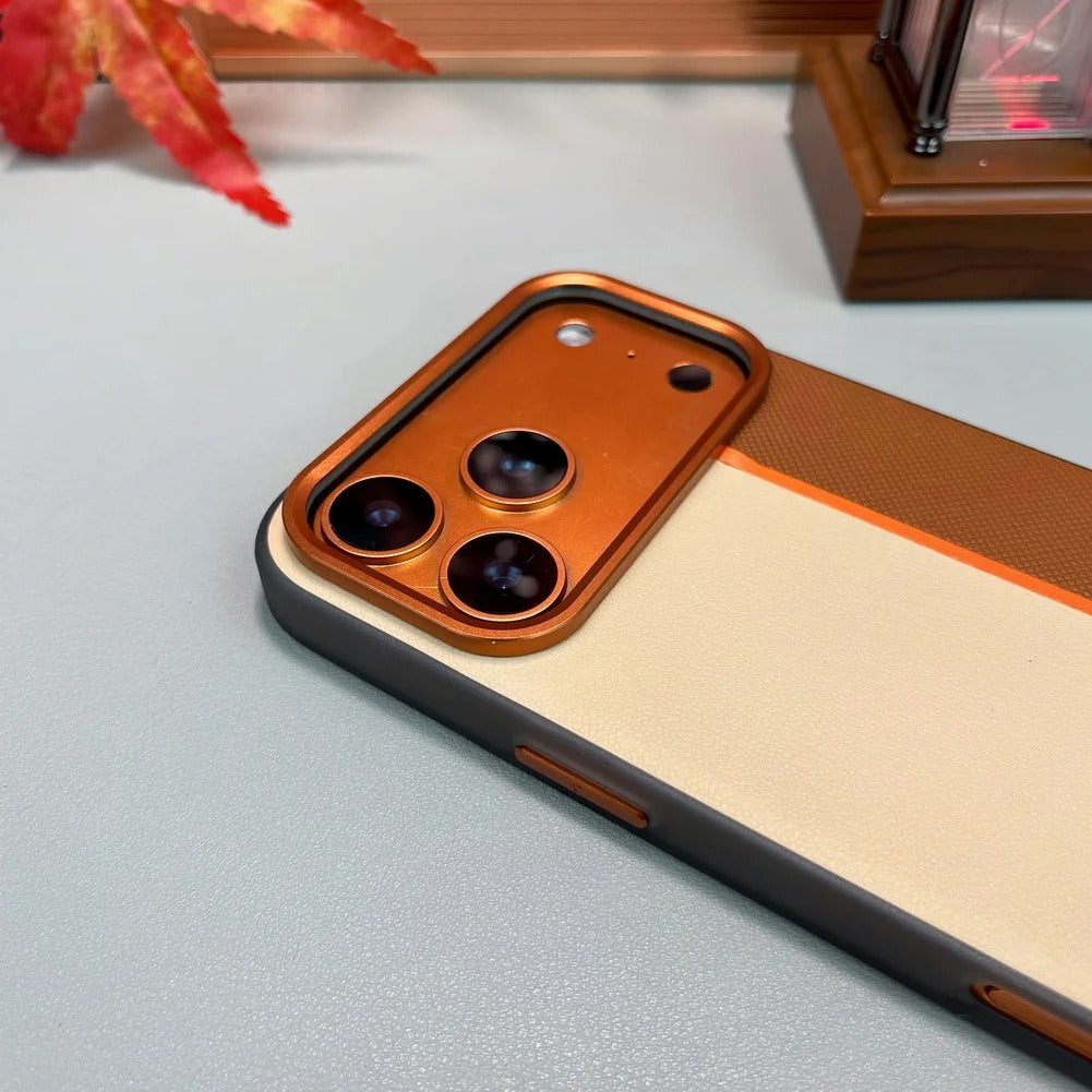 Luxury iPhone Case — Frosted PU Leather Texture MagSafe Armor Cover with Alloy Lens Protection, Matte Anti-Fingerprint Finish and Shockproof TPU Edge Design