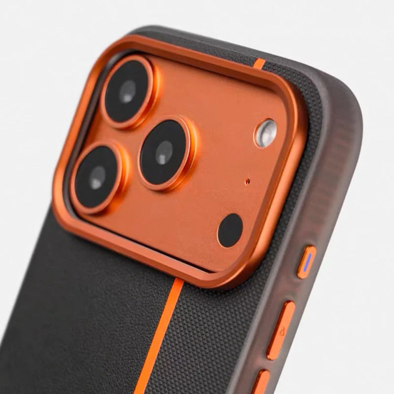 Luxury iPhone Case — Frosted PU Leather Texture MagSafe Armor Cover with Alloy Lens Protection, Matte Anti-Fingerprint Finish and Shockproof TPU Edge Design