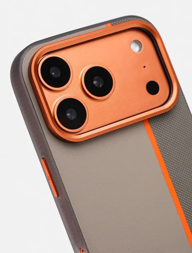 Luxury iPhone Case — Frosted PU Leather Texture MagSafe Armor Cover with Alloy Lens Protection, Matte Anti-Fingerprint Finish and Shockproof TPU Edge Design
