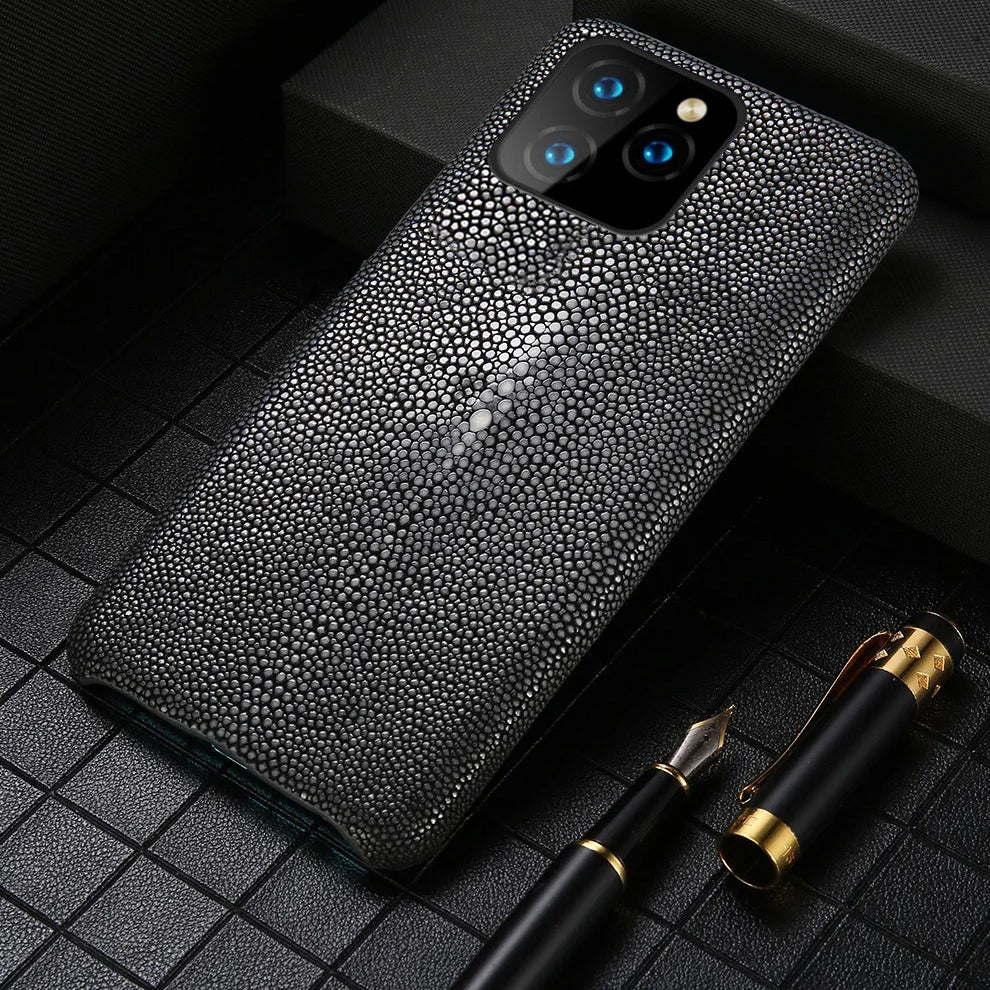 Luxury iPhone Case — Genuine Stingray Leather Shockproof Cover with Lightweight Half-Wrapped Design, Anti-Fingerprint Dustproof Protection and Premium Craft Finish