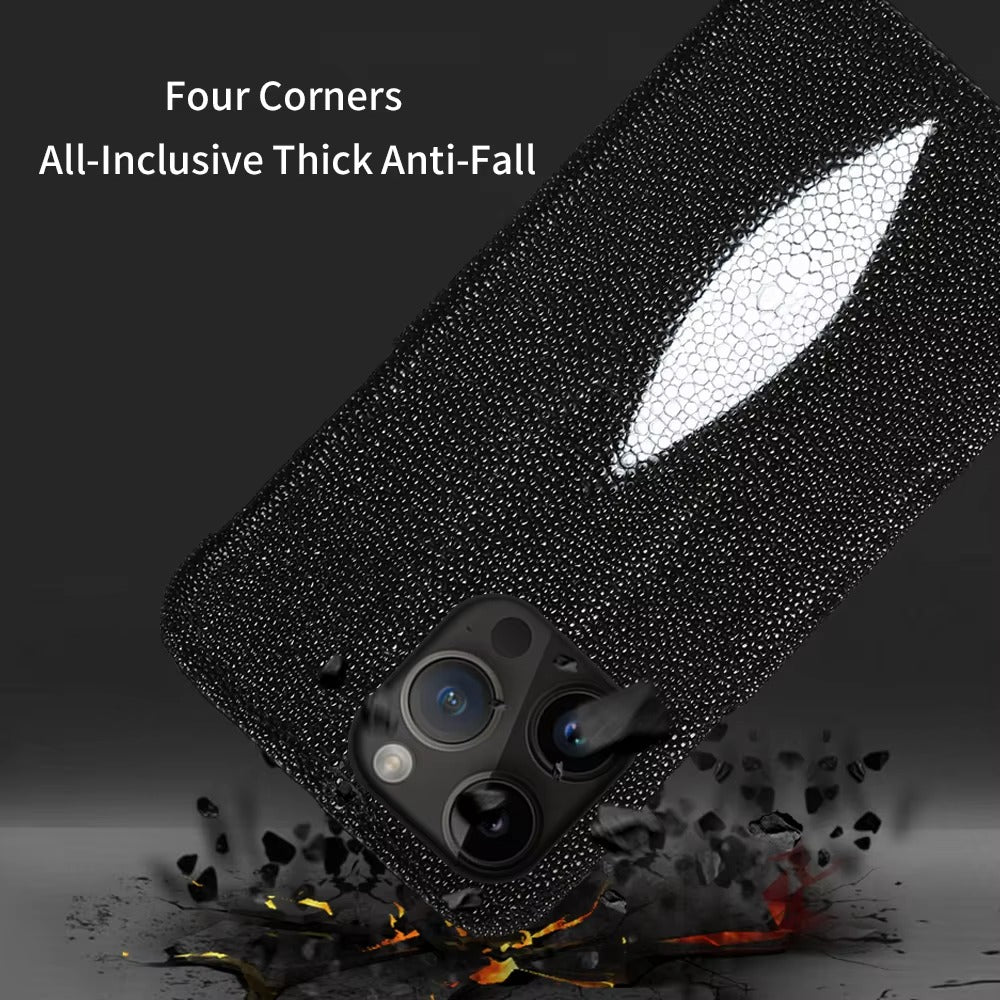 Luxury iPhone Case — Genuine Stingray Leather Shockproof Cover with Lightweight Half-Wrapped Design, Anti-Fingerprint Dustproof Protection and Premium Craft Finish