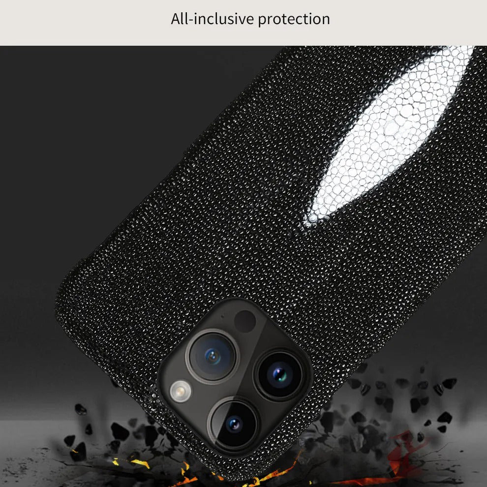 Luxury iPhone Case — Genuine Stingray Leather Shockproof Cover with Lightweight Half-Wrapped Design, Anti-Fingerprint Dustproof Protection and Premium Craft Finish