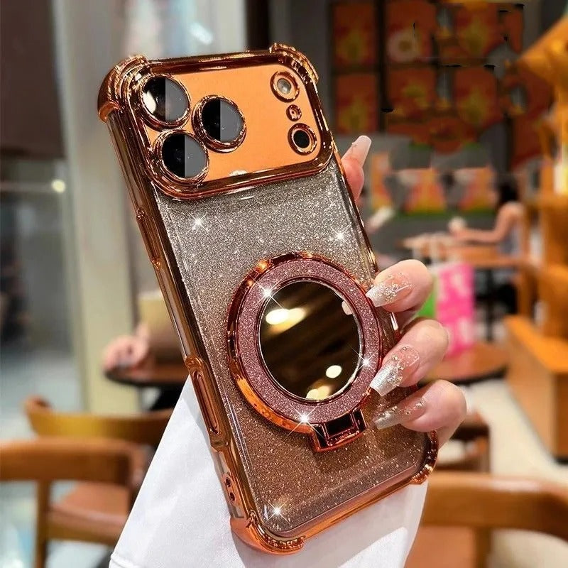 Luxury iPhone Case — Glitter Mirror Magnetic Bracket Cover with Shockproof Silicone Design, Anti-Scratch Dustproof Finish & Non-Slip Grip