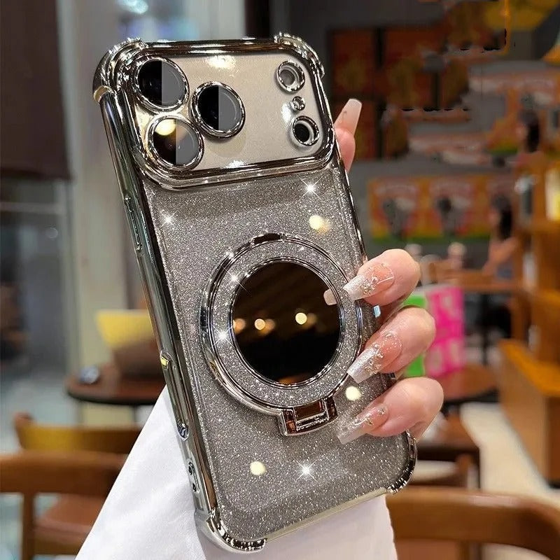 Luxury iPhone Case — Glitter Mirror Magnetic Bracket Cover with Shockproof Silicone Design, Anti-Scratch Dustproof Finish & Non-Slip Grip