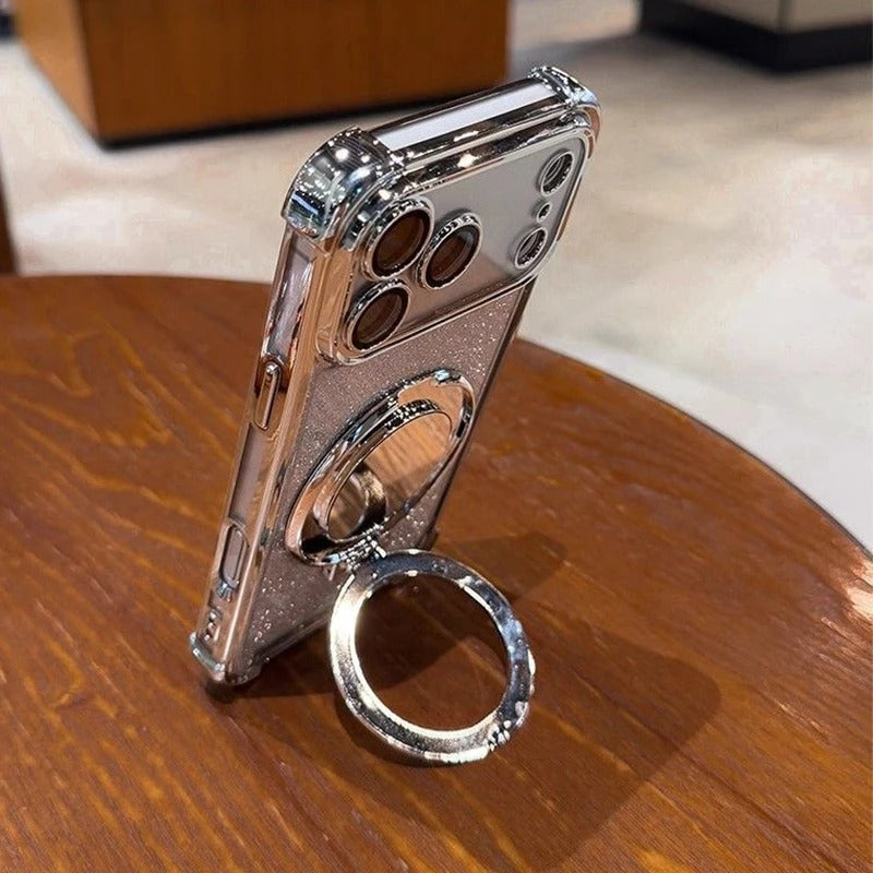 Luxury iPhone Case — Glitter Mirror Magnetic Bracket Cover with Shockproof Silicone Design, Anti-Scratch Dustproof Finish & Non-Slip Grip