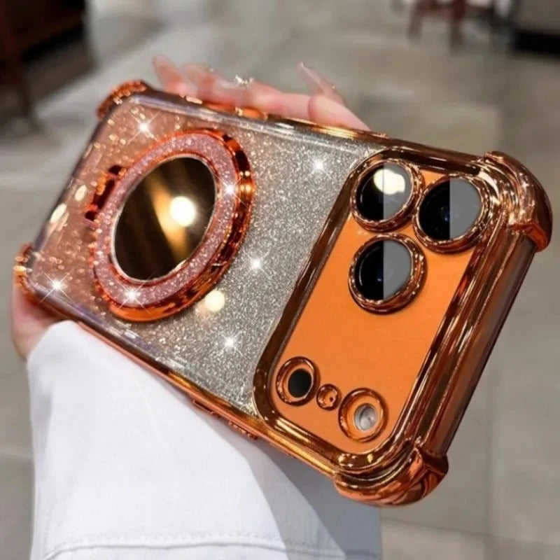 Luxury iPhone Case — Glitter Mirror Magnetic Bracket Cover with Shockproof Silicone Design, Anti-Scratch Dustproof Finish & Non-Slip Grip
