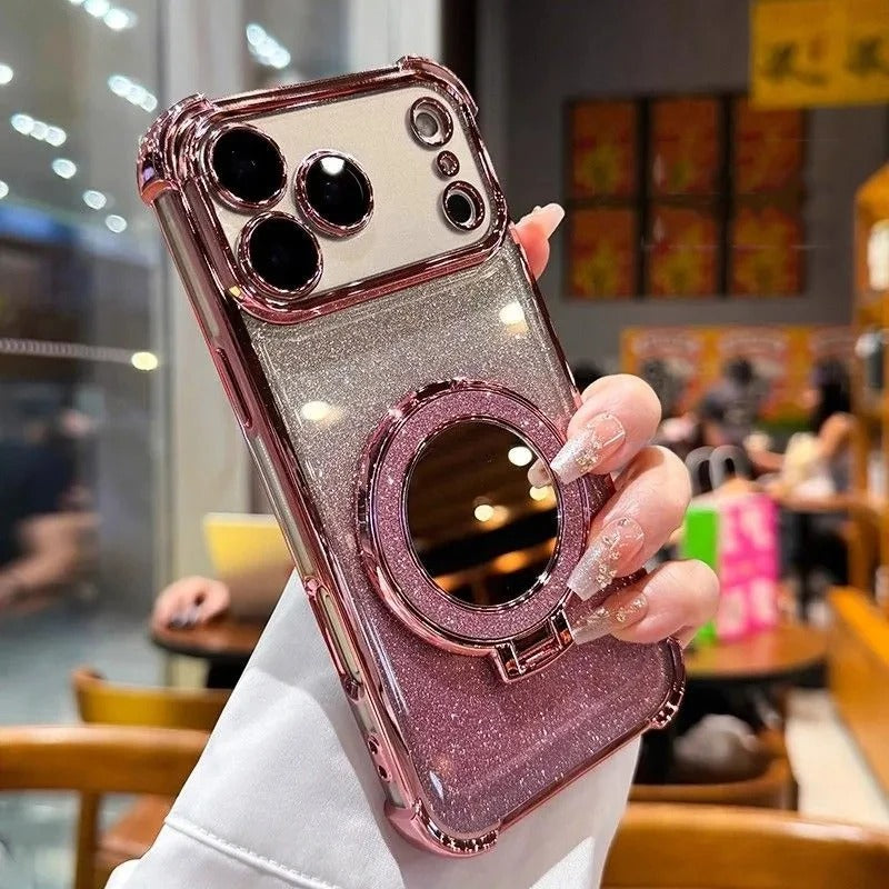Luxury iPhone Case — Glitter Mirror Magnetic Bracket Cover with Shockproof Silicone Design, Anti-Scratch Dustproof Finish & Non-Slip Grip