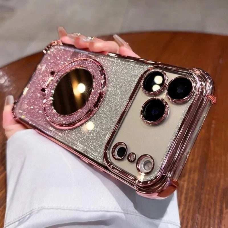Luxury iPhone Case — Glitter Mirror Magnetic Bracket Cover with Shockproof Silicone Design, Anti-Scratch Dustproof Finish & Non-Slip Grip