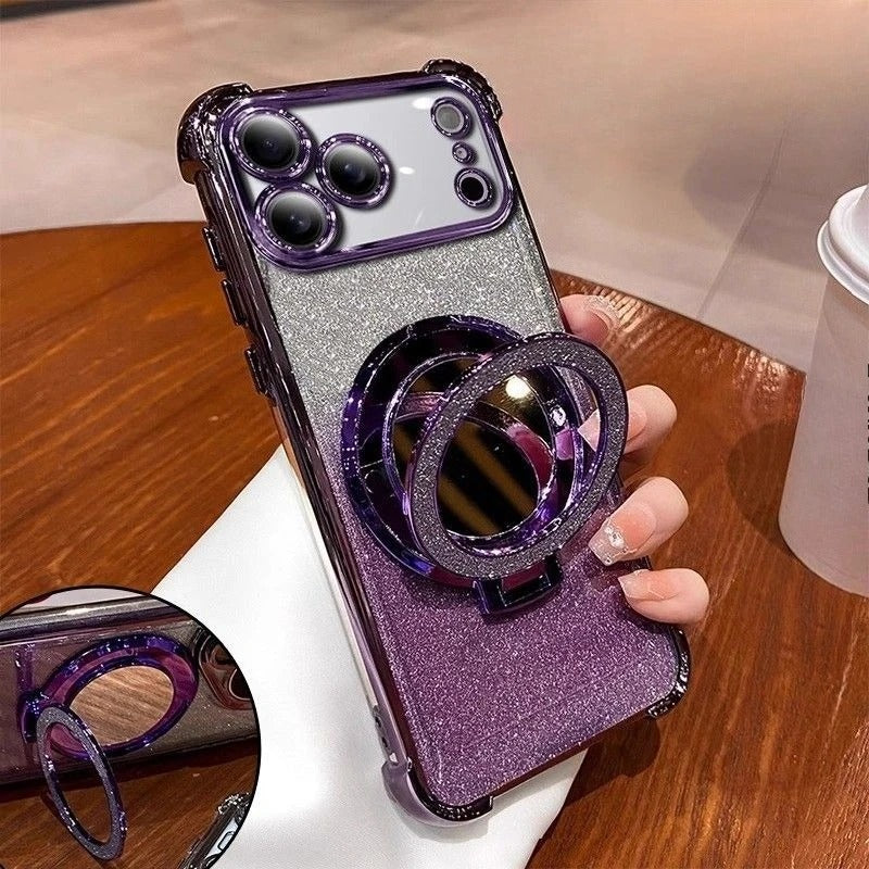 Luxury iPhone Case — Glitter Mirror Magnetic Bracket Cover with Shockproof Silicone Design, Anti-Scratch Dustproof Finish & Non-Slip Grip