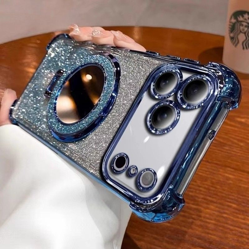 Luxury iPhone Case — Glitter Mirror Magnetic Bracket Cover with Shockproof Silicone Design, Anti-Scratch Dustproof Finish & Non-Slip Grip