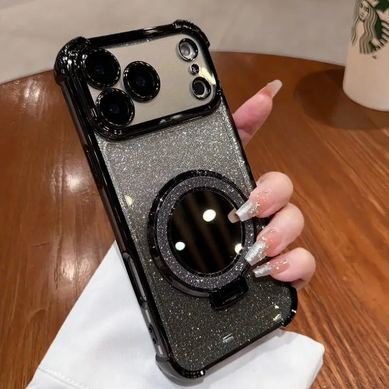 Luxury iPhone Case — Glitter Mirror Magnetic Bracket Cover with Shockproof Silicone Design, Anti-Scratch Dustproof Finish & Non-Slip Grip
