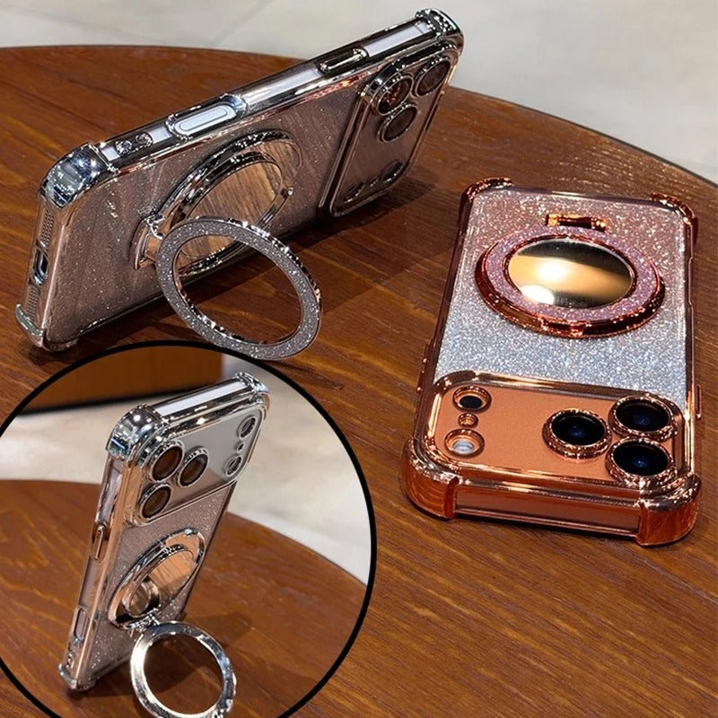 Luxury iPhone Case — Glitter Mirror Magnetic Bracket Cover with Shockproof Silicone Design, Anti-Scratch Dustproof Finish & Non-Slip Grip