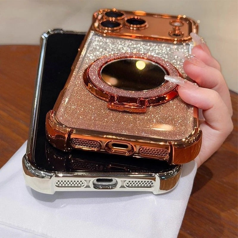 Luxury iPhone Case — Glitter Mirror Magnetic Bracket Cover with Shockproof Silicone Design, Anti-Scratch Dustproof Finish & Non-Slip Grip