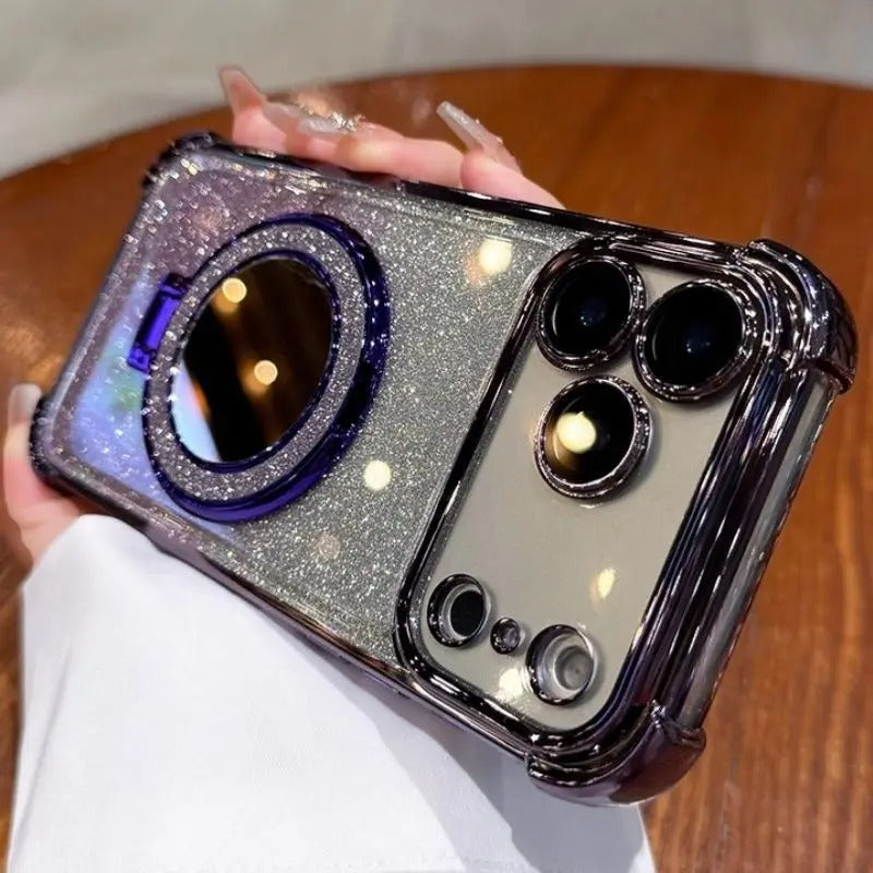 Luxury iPhone Case — Glitter Mirror Magnetic Bracket Cover with Shockproof Silicone Design, Anti-Scratch Dustproof Finish & Non-Slip Grip