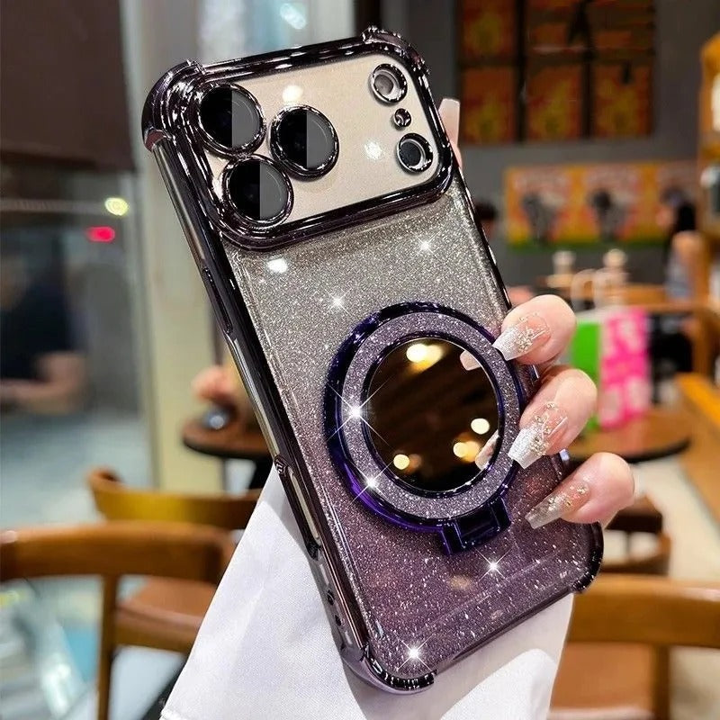Luxury iPhone Case — Glitter Mirror Magnetic Bracket Cover with Shockproof Silicone Design, Anti-Scratch Dustproof Finish & Non-Slip Grip