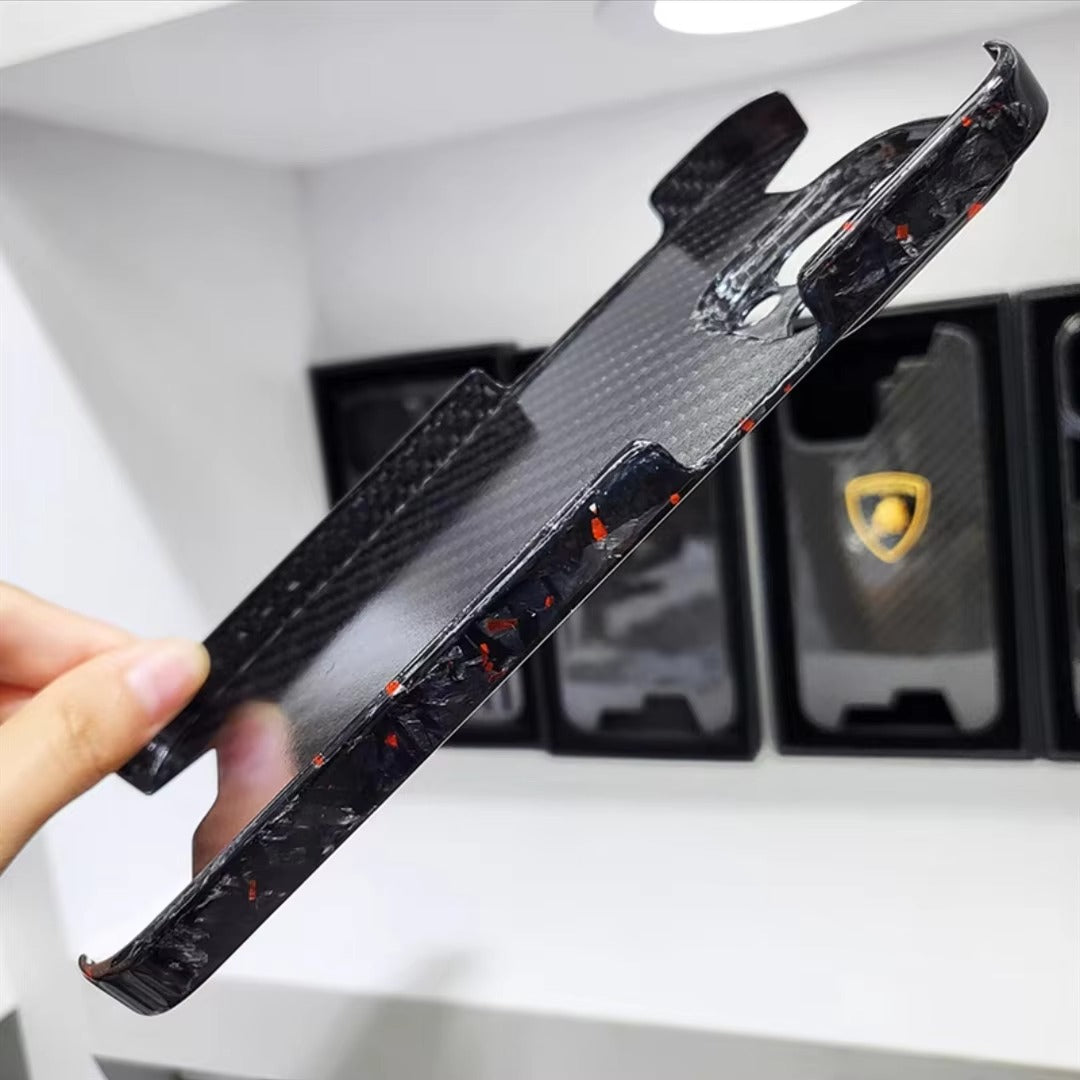 Luxury iPhone Case — Glossy Forged Pure Carbon Fiber Ultra-Thin Cover with Glitter Irregular Design, Shockproof Lightweight Half-Wrapped Protection