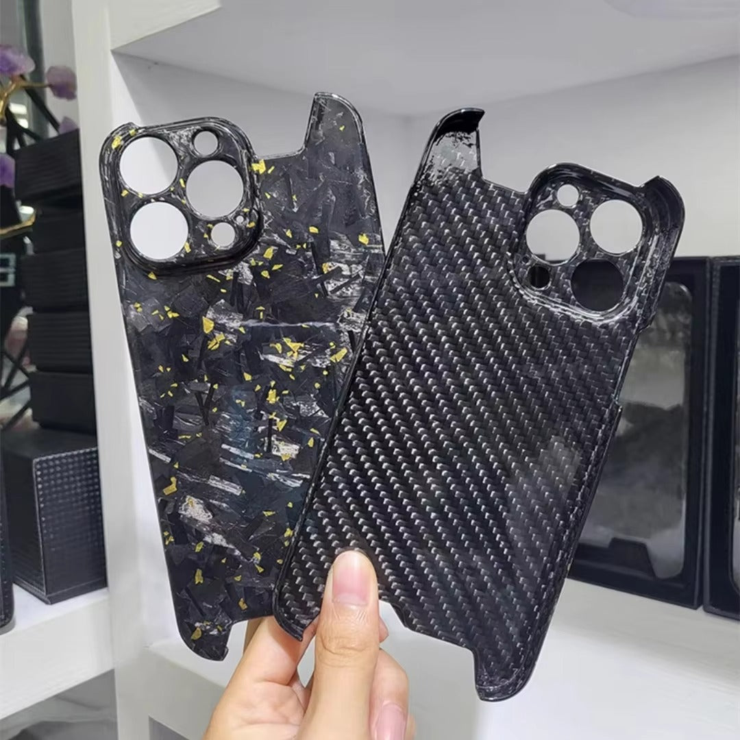 Luxury iPhone Case — Glossy Forged Pure Carbon Fiber Ultra-Thin Cover with Glitter Irregular Design, Shockproof Lightweight Half-Wrapped Protection
