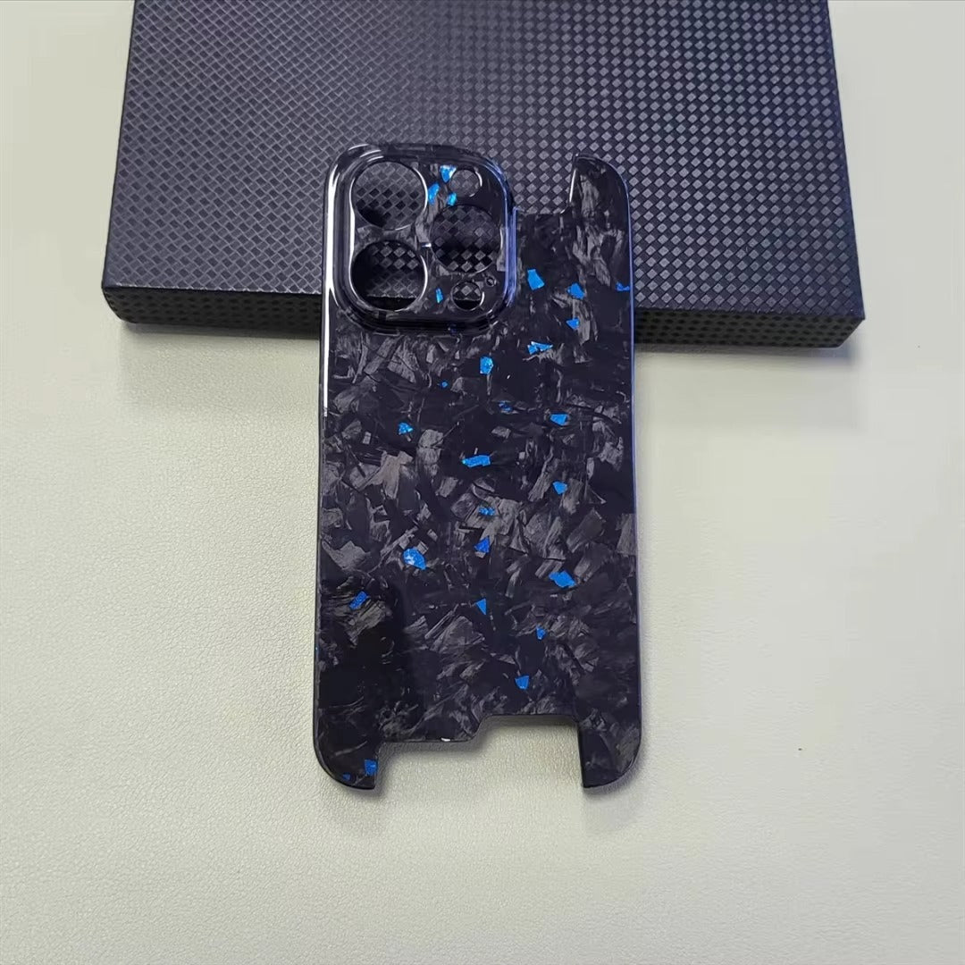 Luxury iPhone Case — Glossy Forged Pure Carbon Fiber Ultra-Thin Cover with Glitter Irregular Design, Shockproof Lightweight Half-Wrapped Protection