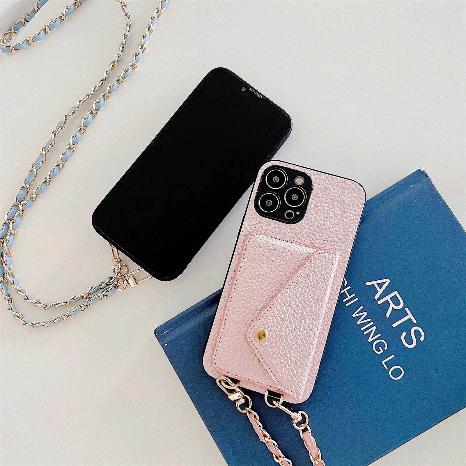 Luxury iPhone Case — Lanyard Crossbody Wallet Cover with Card Holder, Chain Strap Cord, Durable PU Leather Full-Protection Design