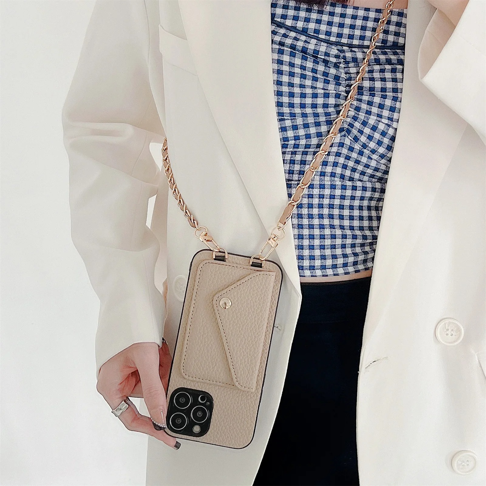 Luxury iPhone Case — Lanyard Crossbody Wallet Cover with Card Holder, Chain Strap Cord, Durable PU Leather Full-Protection Design
