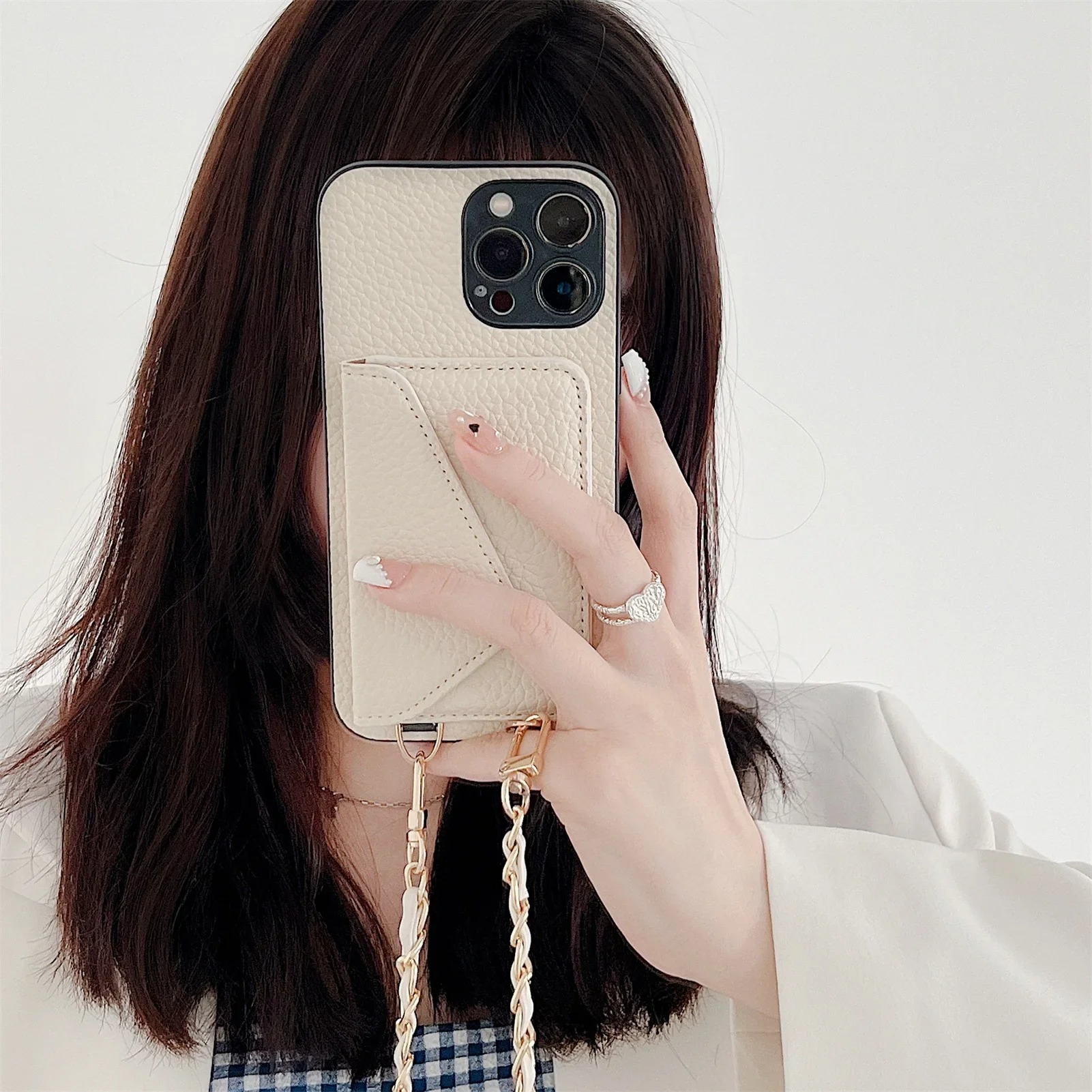 Luxury iPhone Case — Lanyard Crossbody Wallet Cover with Card Holder, Chain Strap Cord, Durable PU Leather Full-Protection Design