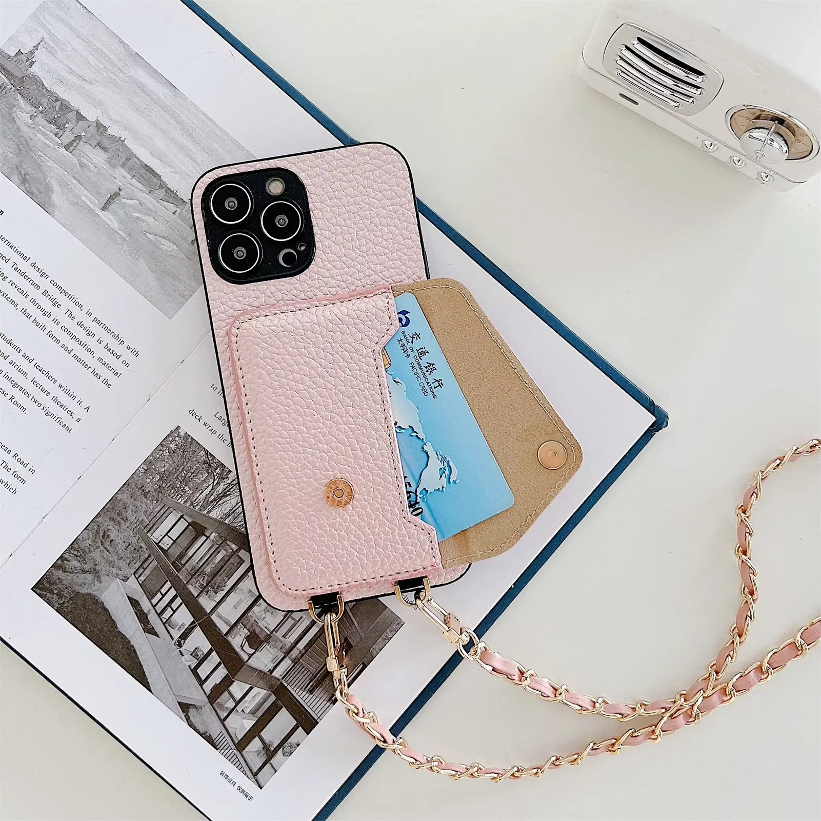 Luxury iPhone Case — Lanyard Crossbody Wallet Cover with Card Holder, Chain Strap Cord, Durable PU Leather Full-Protection Design