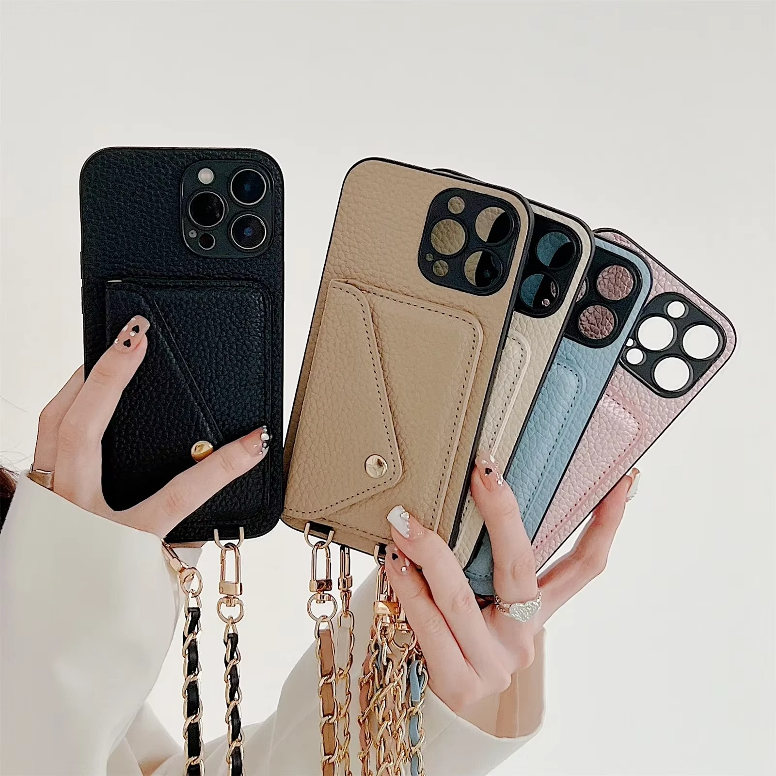 Luxury iPhone Case — Lanyard Crossbody Wallet Cover with Card Holder, Chain Strap Cord, Durable PU Leather Full-Protection Design