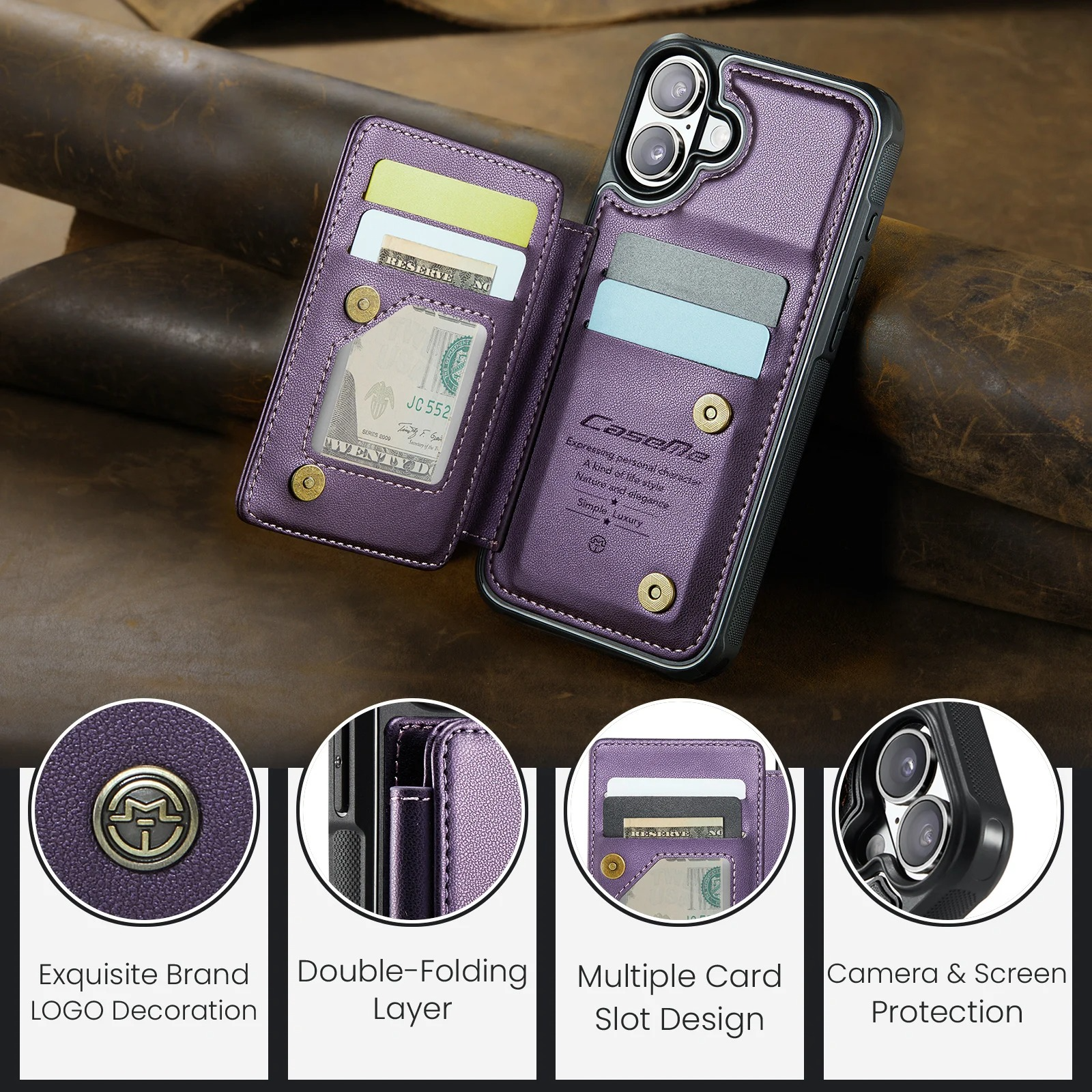 Luxury iPhone Case — Leather RFID Card Wallet with Magnetic Shockproof Cover, Anti-Fingerprint Anti-Scratch, Non-Slip Plain and Geometric Design