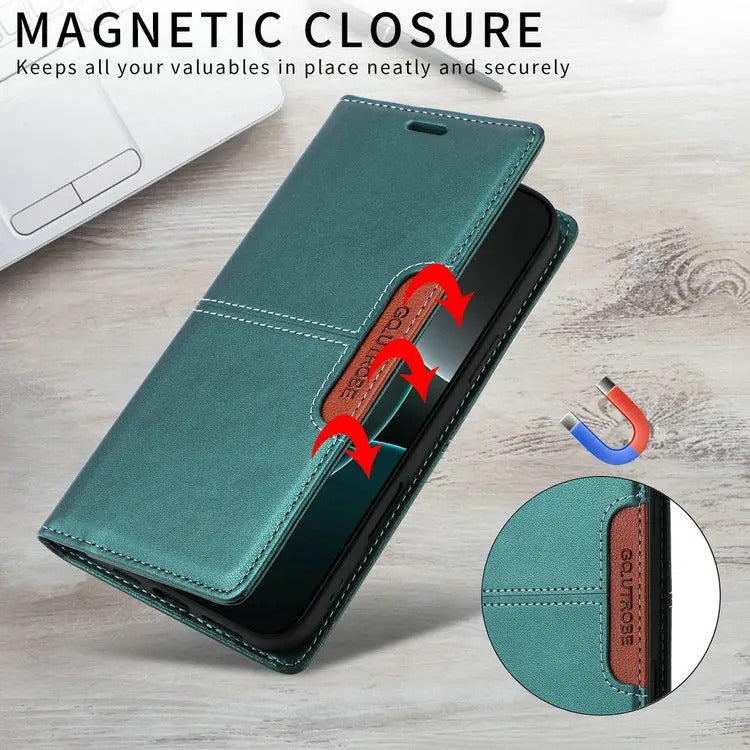 Luxury iPhone Case — Leather Wallet Cover with RFID Protection, Magnetic Card Holder, Shockproof and Anti-Fingerprint Full-Protection Design