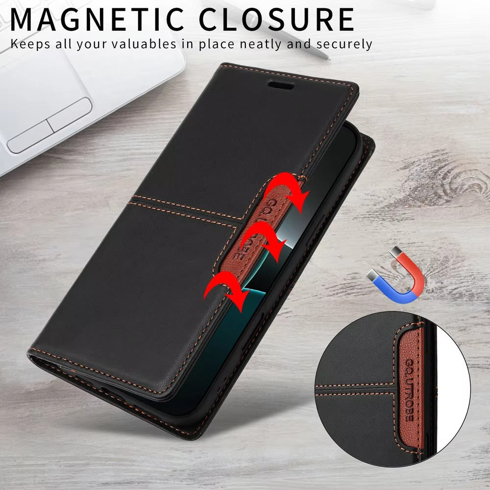 Luxury iPhone Case — Leather Wallet Cover with RFID Protection, Magnetic Card Holder, Shockproof and Anti-Fingerprint Full-Protection Design