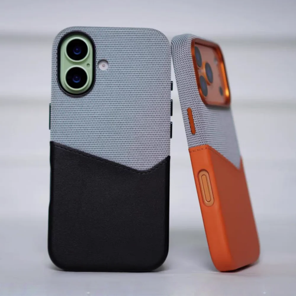 Luxury iPhone Case — Leather & Fabric Splicing Magnetic Cover with Card Slot, Camera-Safe Design and Slim Shockproof Protection