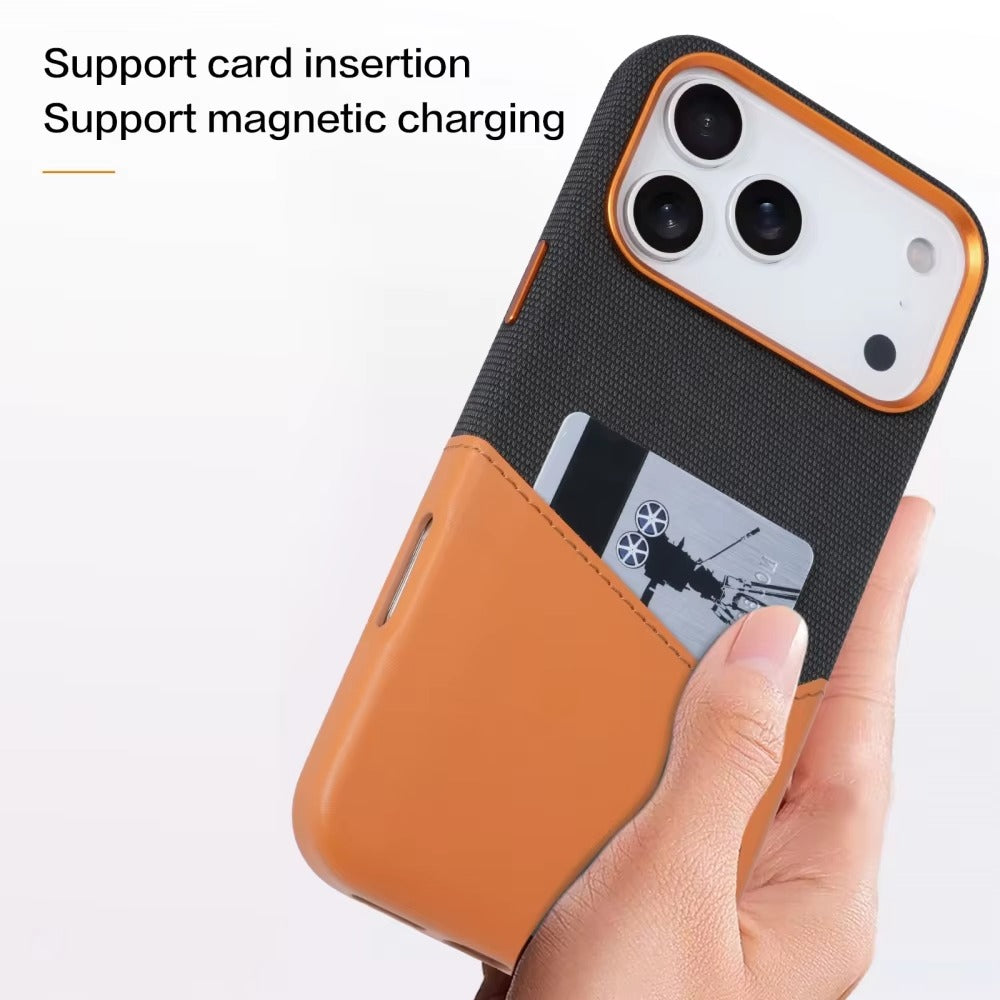 Luxury iPhone Case — Leather & Fabric Splicing Magnetic Cover with Card Slot, Camera-Safe Design and Slim Shockproof Protection