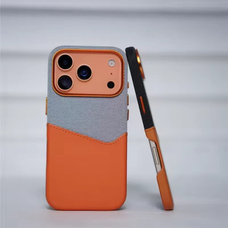 Luxury iPhone Case — Leather & Fabric Splicing Magnetic Cover with Card Slot, Camera-Safe Design and Slim Shockproof Protection