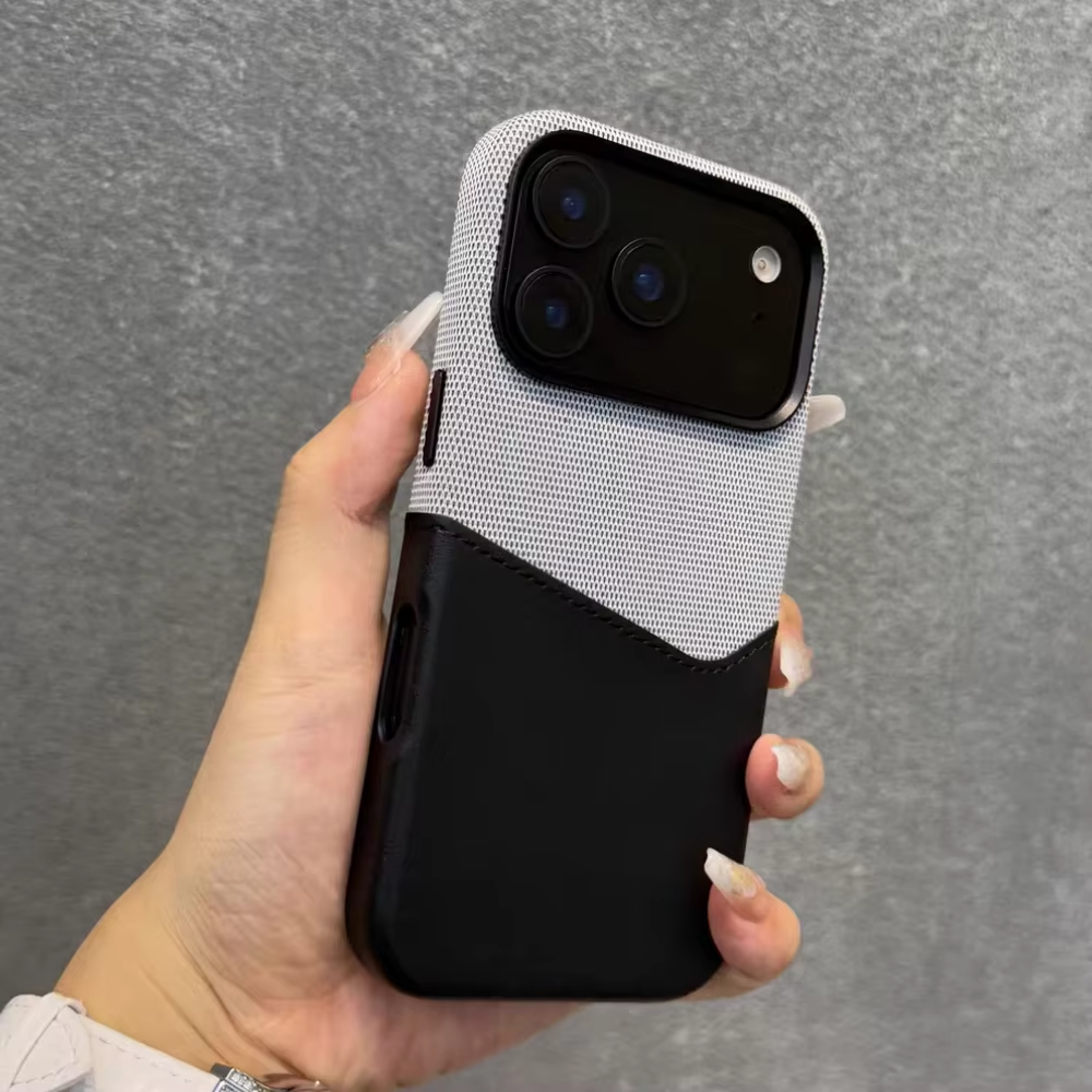Luxury iPhone Case — Leather & Fabric Splicing Magnetic Cover with Card Slot, Camera-Safe Design and Slim Shockproof Protection