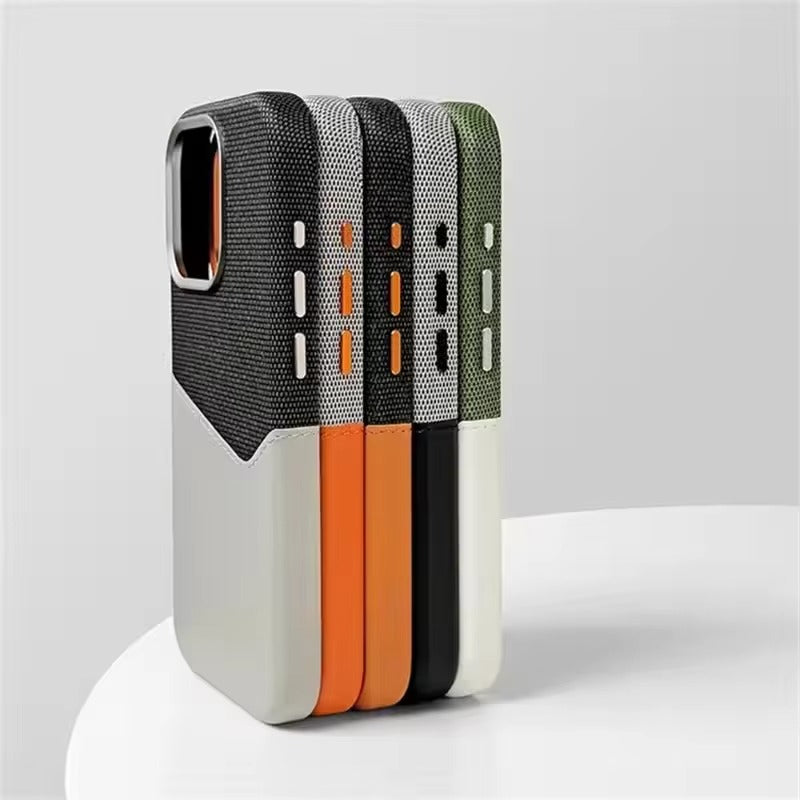 Luxury iPhone Case — Leather & Fabric Splicing Magnetic Cover with Card Slot, Camera-Safe Design and Slim Shockproof Protection