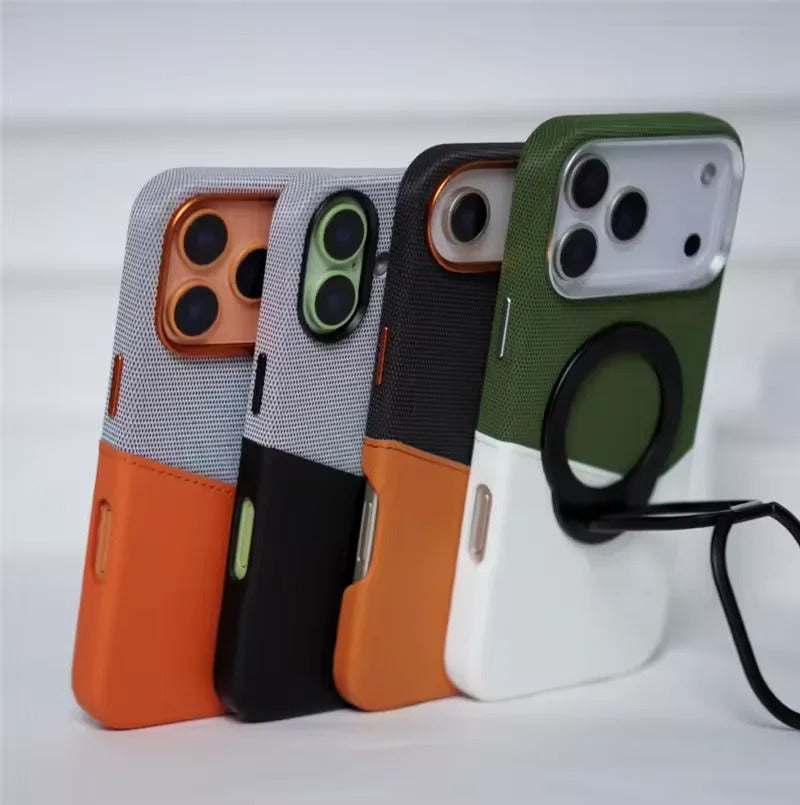 Luxury iPhone Case — Leather & Fabric Splicing Magnetic Cover with Card Slot, Camera-Safe Design and Slim Shockproof Protection