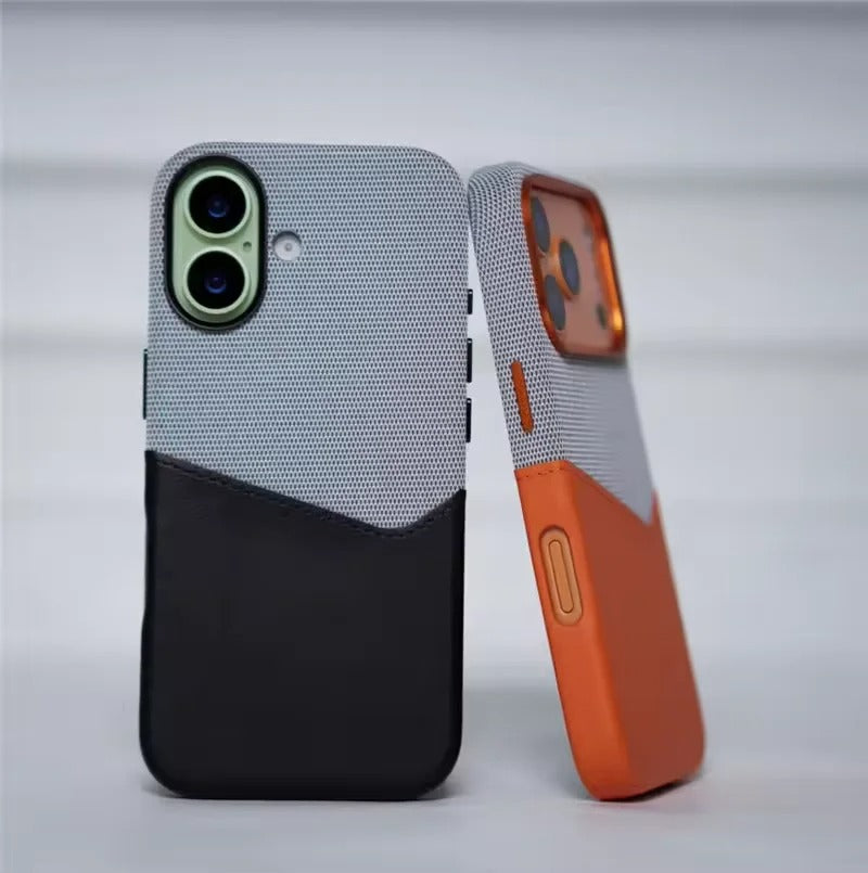 Luxury iPhone Case — Leather & Fabric Splicing Magnetic Cover with Card Slot, Camera-Safe Design and Slim Shockproof Protection