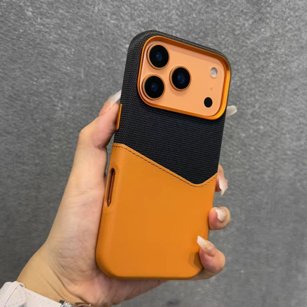 Luxury iPhone Case — Leather & Fabric Splicing Magnetic Cover with Card Slot, Camera-Safe Design and Slim Shockproof Protection