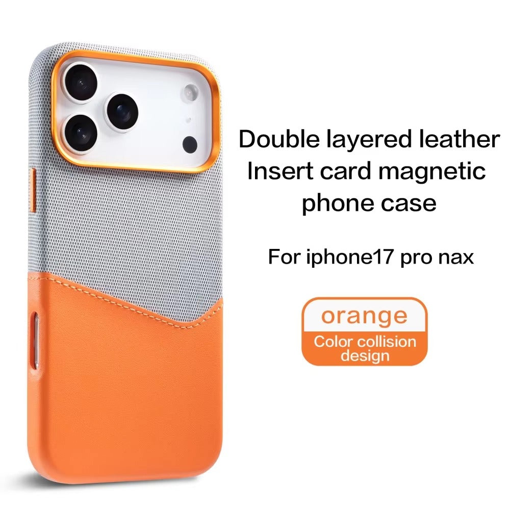 Luxury iPhone Case — Leather & Fabric Splicing Magnetic Cover with Card Slot, Camera-Safe Design and Slim Shockproof Protection