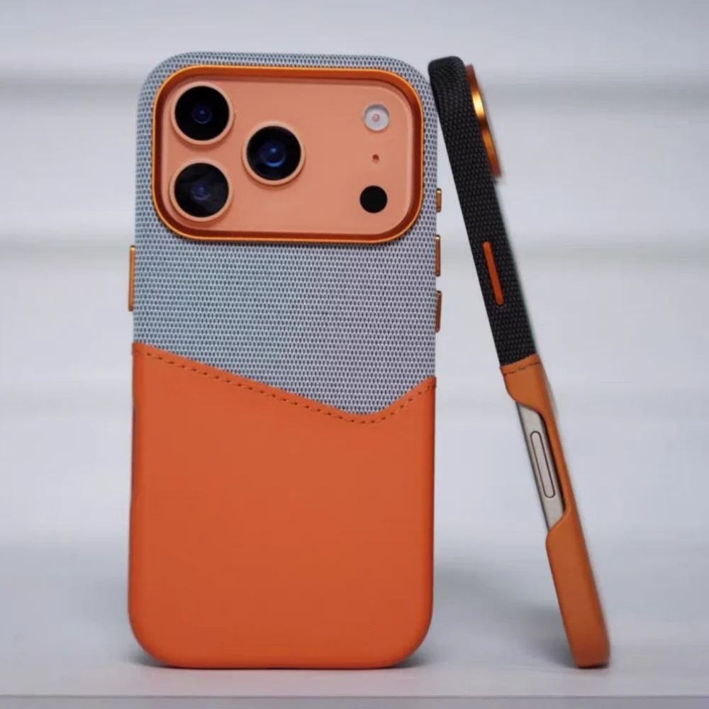 Luxury iPhone Case — Leather & Fabric Splicing Magnetic Cover with Card Slot, Camera-Safe Design and Slim Shockproof Protection