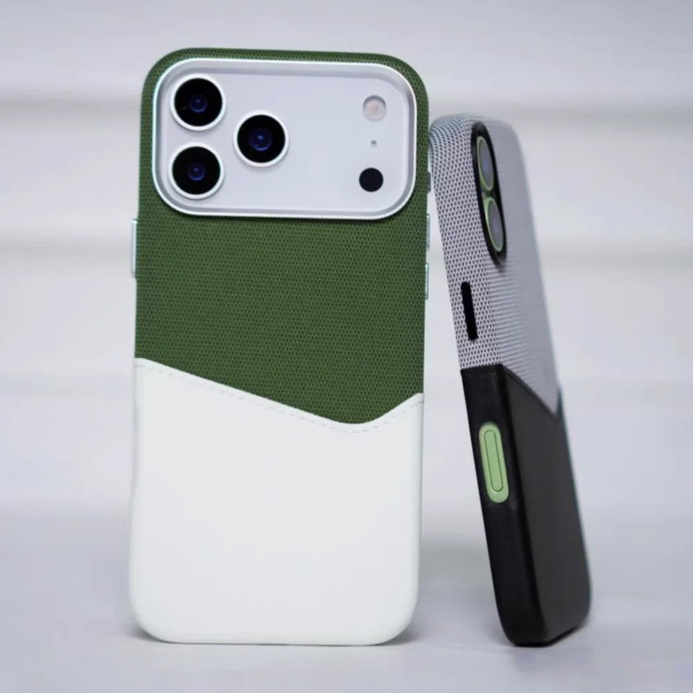 Luxury iPhone Case — Leather & Fabric Splicing Magnetic Cover with Card Slot, Camera-Safe Design and Slim Shockproof Protection