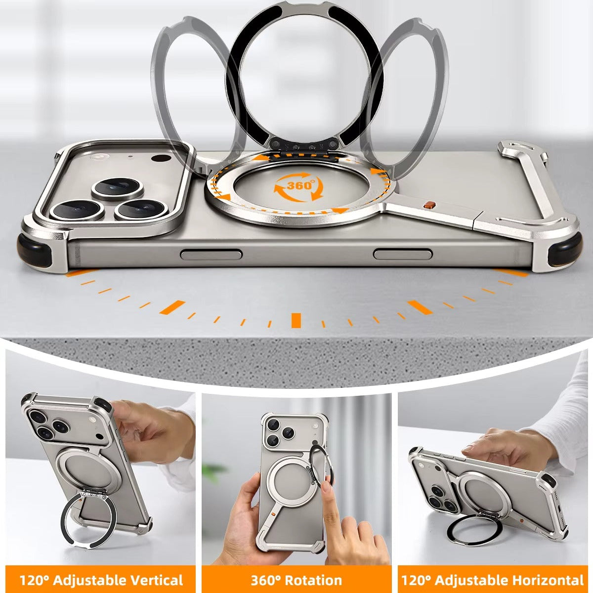 Luxury iPhone Case — MagSafe Aviation Aluminum Z-Shape Bumper with Rotatable Stand, Air-Cushion Anti-Fall Protection and Magnetic Ring Support