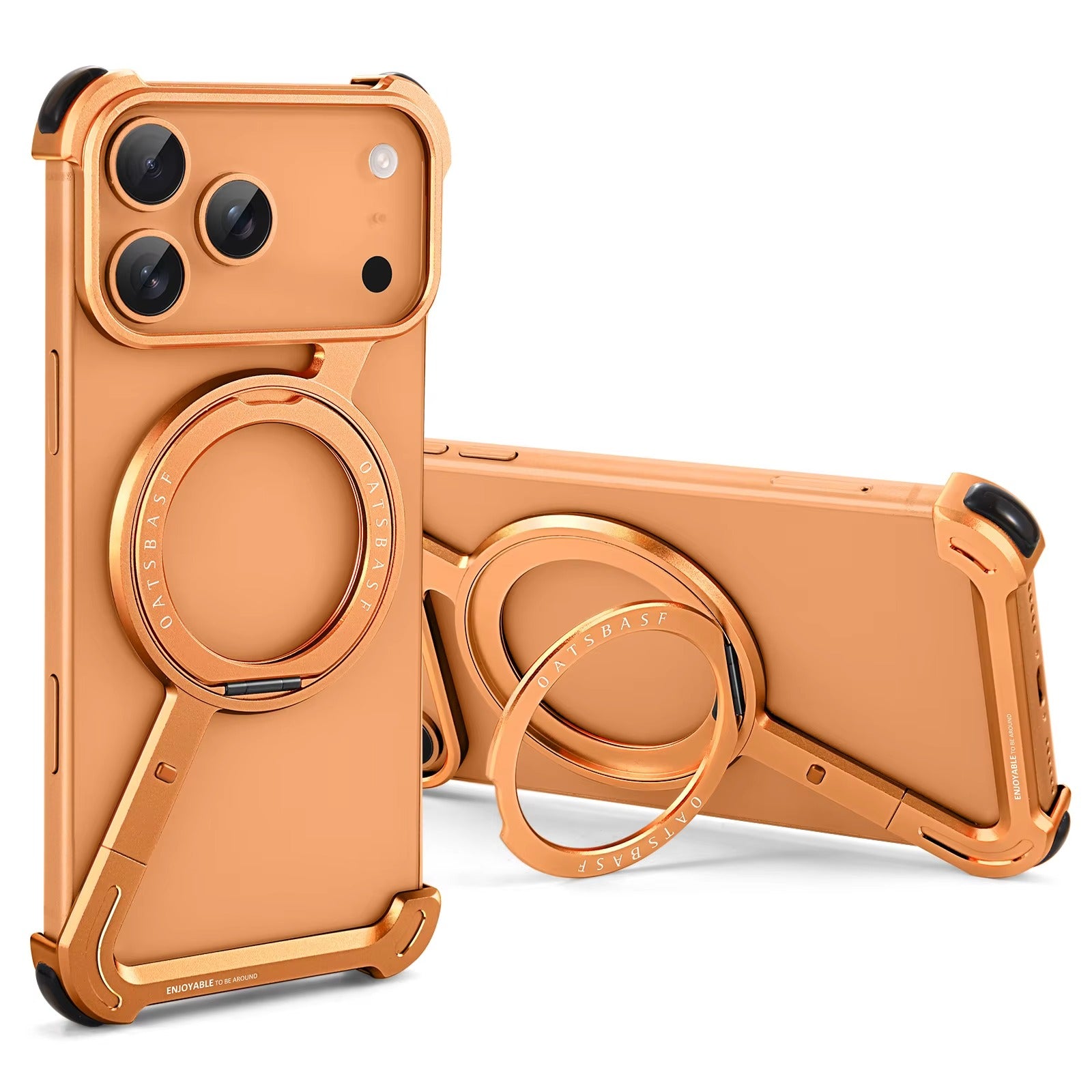 Luxury iPhone Case — MagSafe Aviation Aluminum Z-Shape Bumper with Rotatable Stand, Air-Cushion Anti-Fall Protection and Magnetic Ring Support