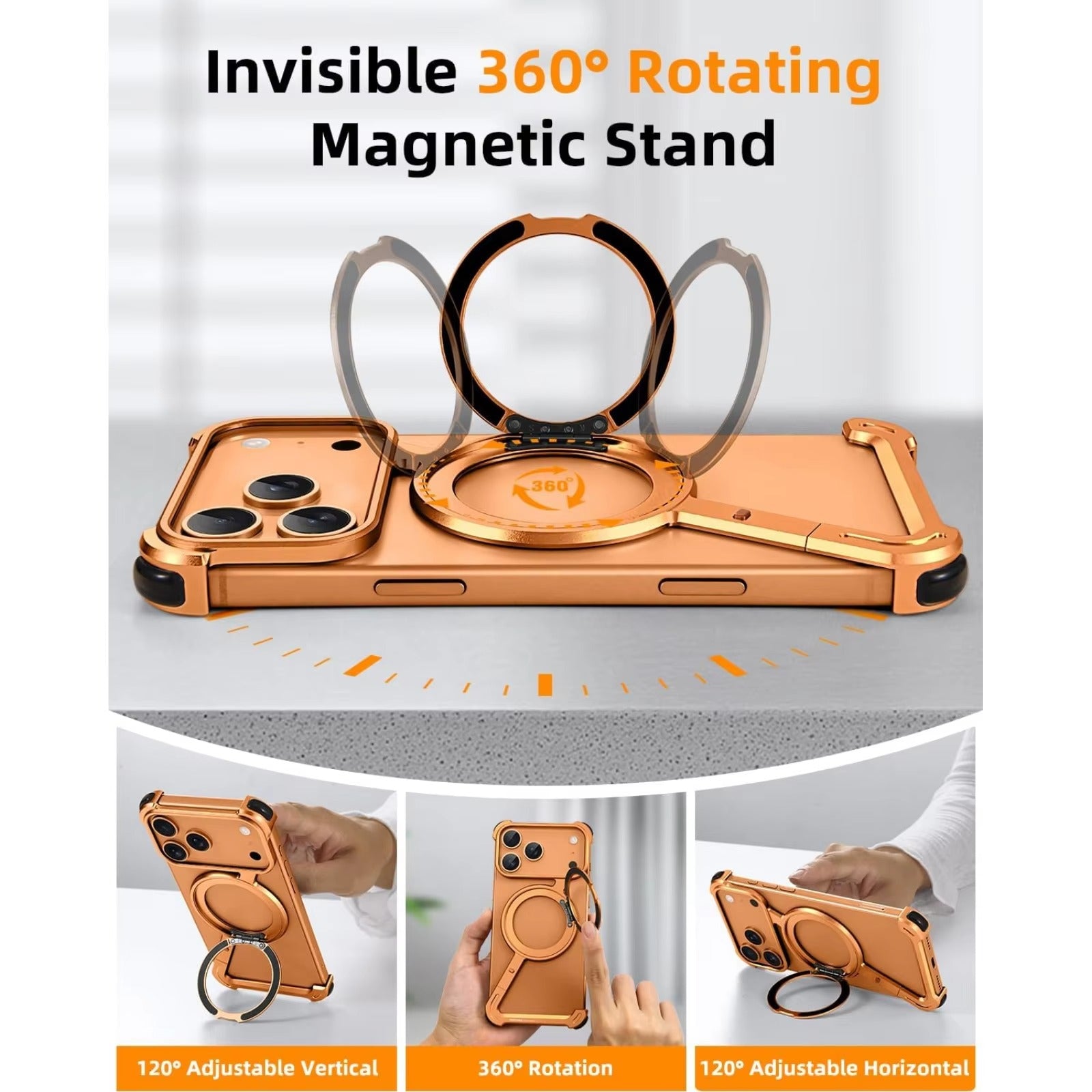 Luxury iPhone Case — MagSafe Aviation Aluminum Z-Shape Bumper with Rotatable Stand, Air-Cushion Anti-Fall Protection and Magnetic Ring Support