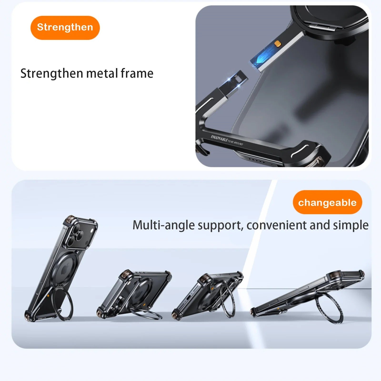 Luxury iPhone Case — MagSafe Aviation Aluminum Z-Shape Bumper with Rotatable Stand, Air-Cushion Anti-Fall Protection and Magnetic Ring Support
