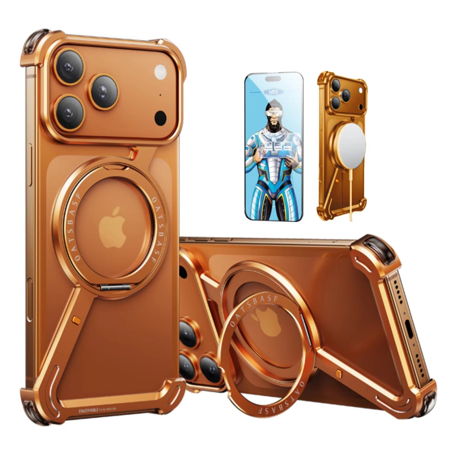 Luxury iPhone Case — MagSafe Aviation Aluminum Z-Shape Bumper with Rotatable Stand, Air-Cushion Anti-Fall Protection and Magnetic Ring Support