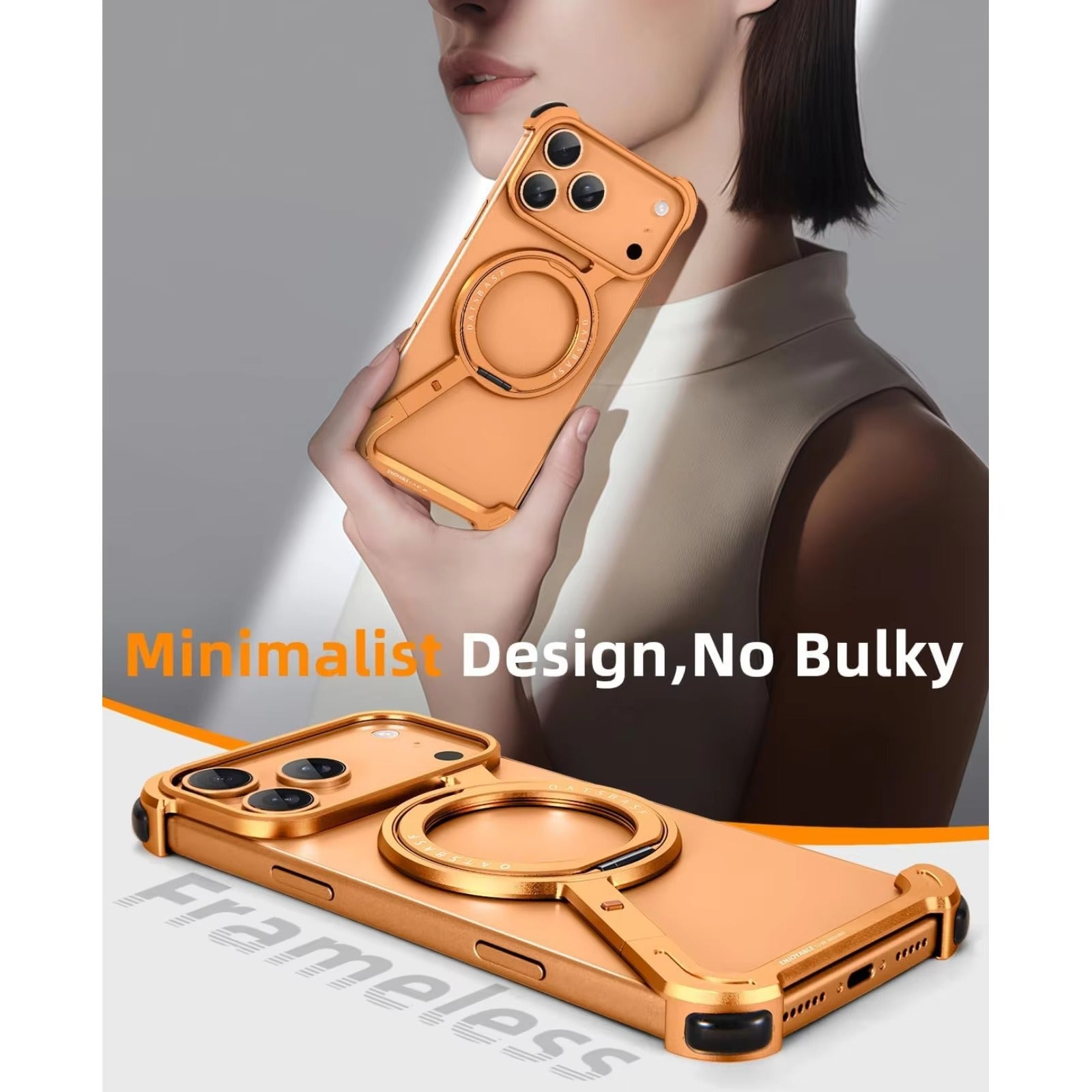Luxury iPhone Case — MagSafe Aviation Aluminum Z-Shape Bumper with Rotatable Stand, Air-Cushion Anti-Fall Protection and Magnetic Ring Support
