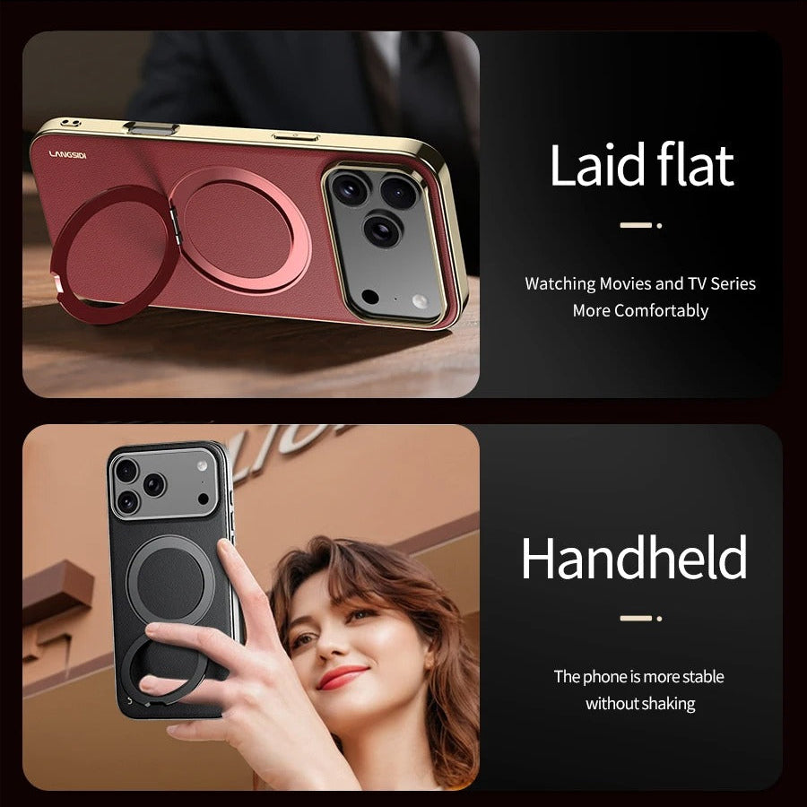 Luxury iPhone Case — Magnetic Leather Ring Holder with Lens Protection Premium Back Cover