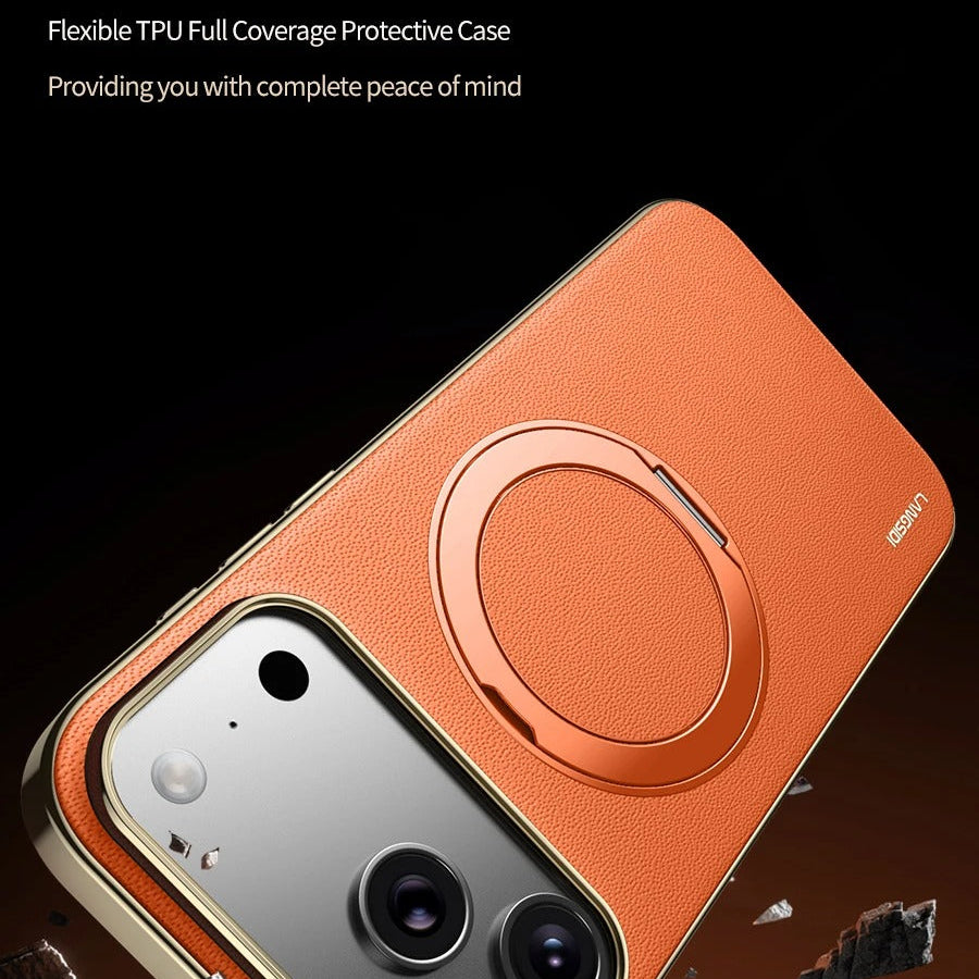 Luxury iPhone Case — Magnetic Leather Ring Holder with Lens Protection Premium Back Cover